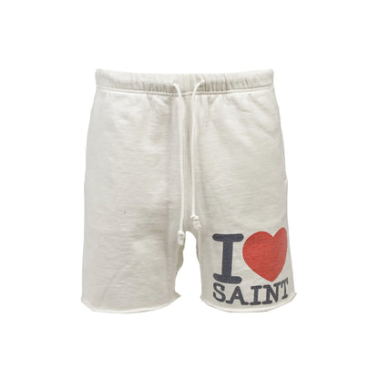 Saint Michael I Love Saint Print Shorts Oversized Cotton Terry Drawstring Raw Hem Streetwear Casual | Saint Love