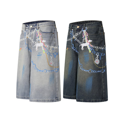 Chain Graphic Print Denim Shorts Wide Leg High Waist Washed Dalmatian Dog Charm Streetwear Summer Casual Jean Shorts | Chain Pup
