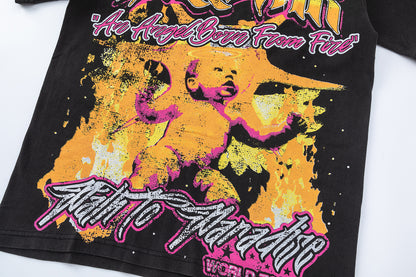 Flame Graphic Tee Pink Fire Angel Print Oversized Black Cotton Streetwear Casual Summer T-Shirt | Angel Fire