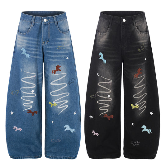 Unicorn Embroidery Wide Leg Denim Jeans - Black Side