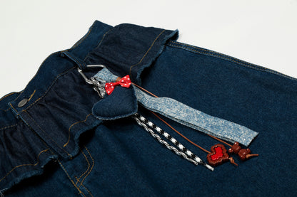 Women's Ruffle Fold-Over Waist Heart Charm Chain Balloon Wide Leg Denim Jeans High Waist Y2K Streetwear Baggy Jean Pants