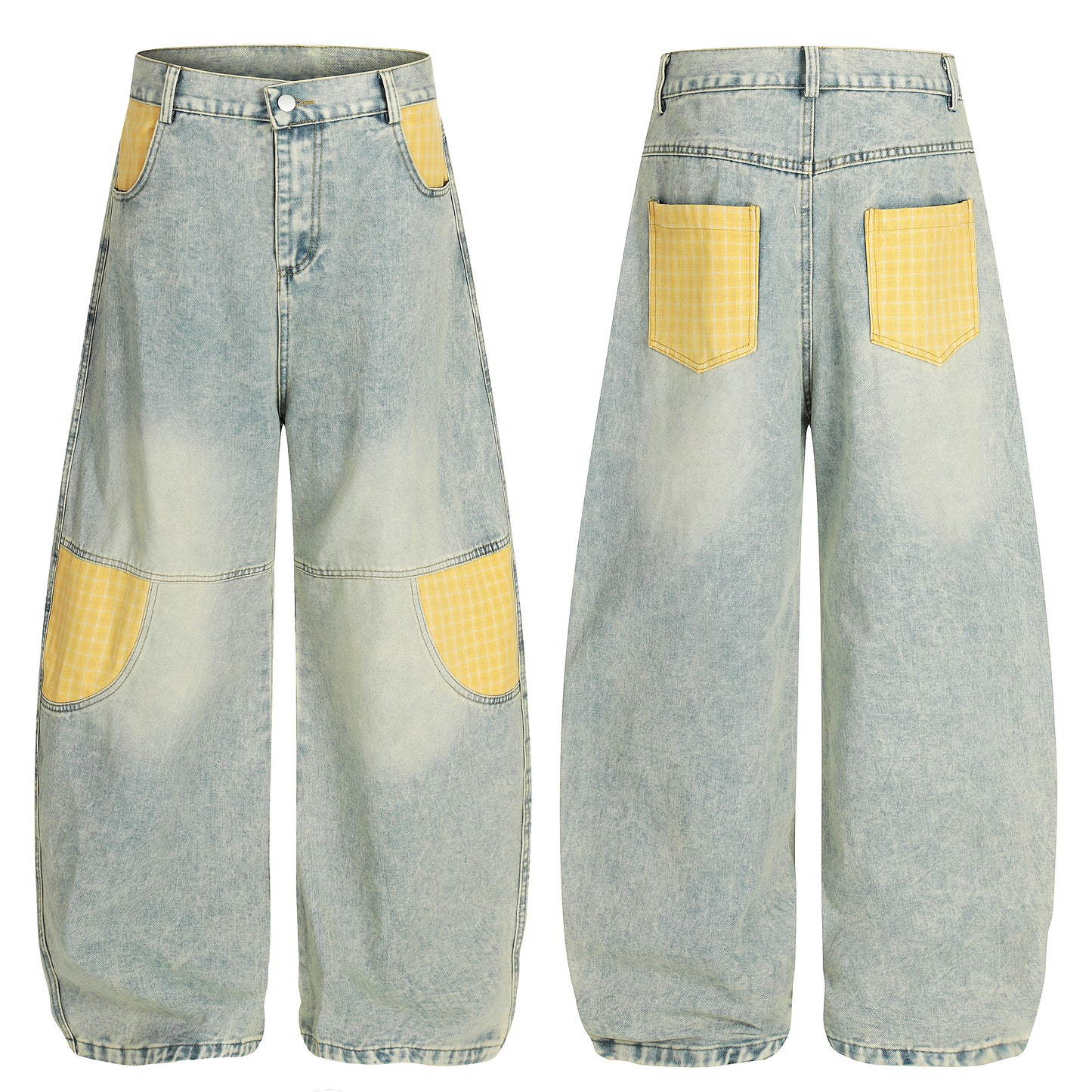 Yellow plaid patchwork wide leg denim jeans - front and back view
