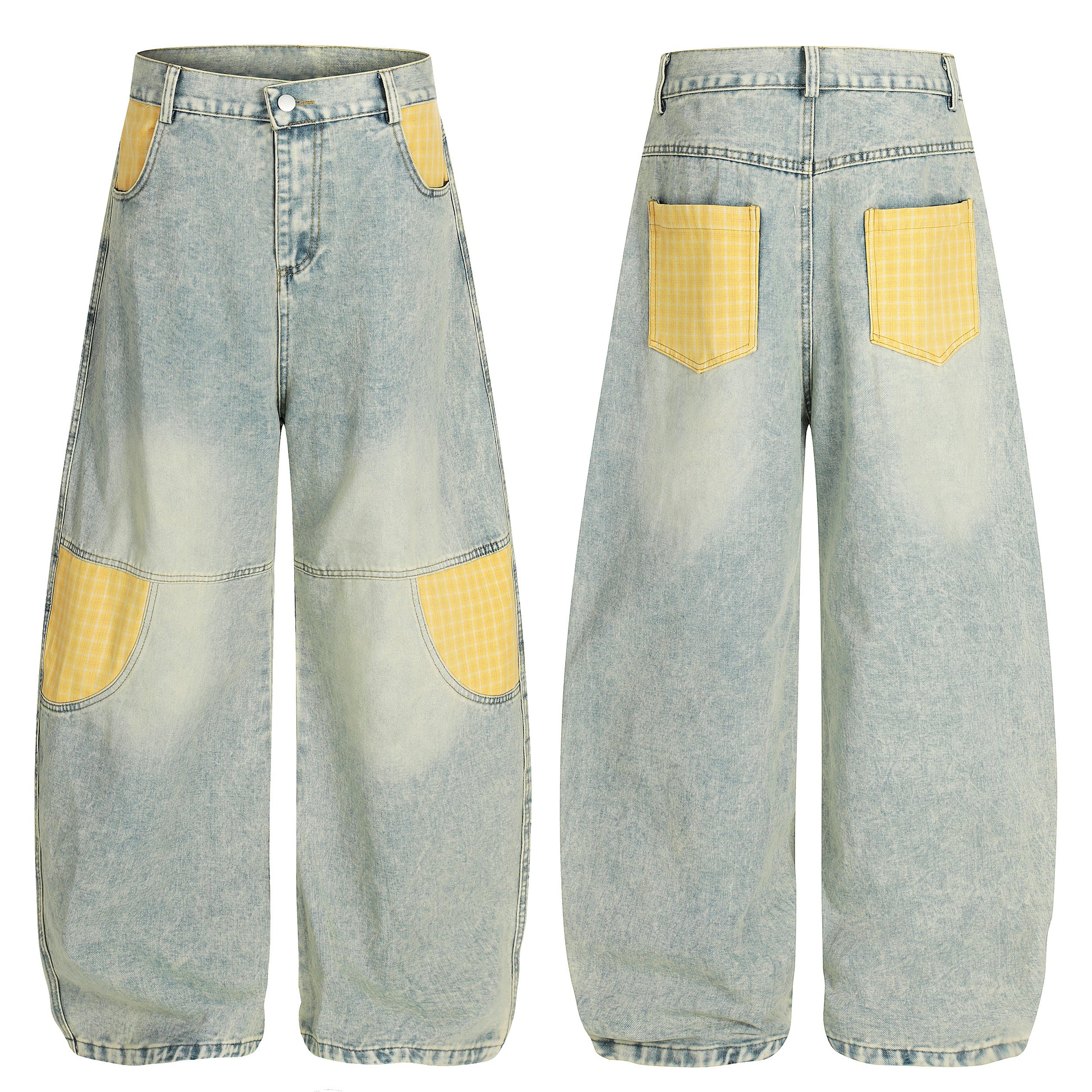 Yellow plaid patchwork wide leg denim jeans - front and back view