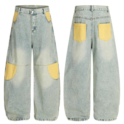 Yellow Plaid Patchwork Wide Leg Denim Jeans High Waist Washed Barrel Streetwear Y2K Casual Pants | Sunny Barrel