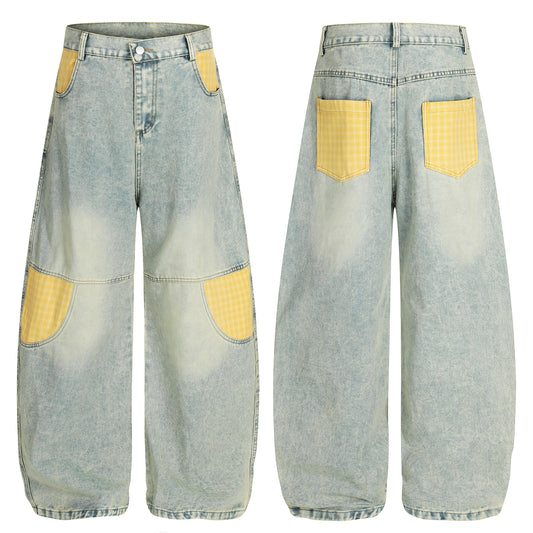 Yellow plaid patchwork wide leg denim jeans - front and back view