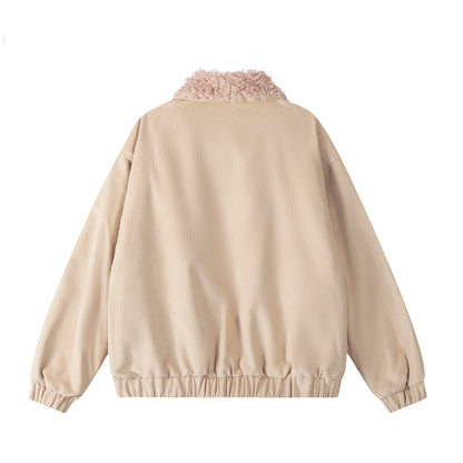 Seveers Graffiti Dog Patch Curly Fur Collar Corduroy Bomber Jacket Oversized Streetwear Y2K