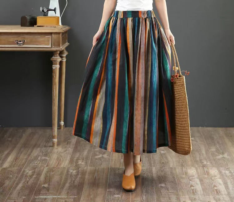 New style cotton and linen all-matching A-line skirt loose literary stripe printing medium-long pleated skirt for women