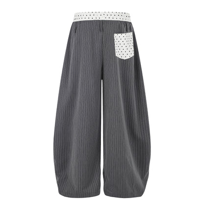 Women's TENG Embroidery Polka Dot Fold-Over Waistband Pinstripe Balloon Wide Leg Pants High Waist Casual Streetwear Trousers