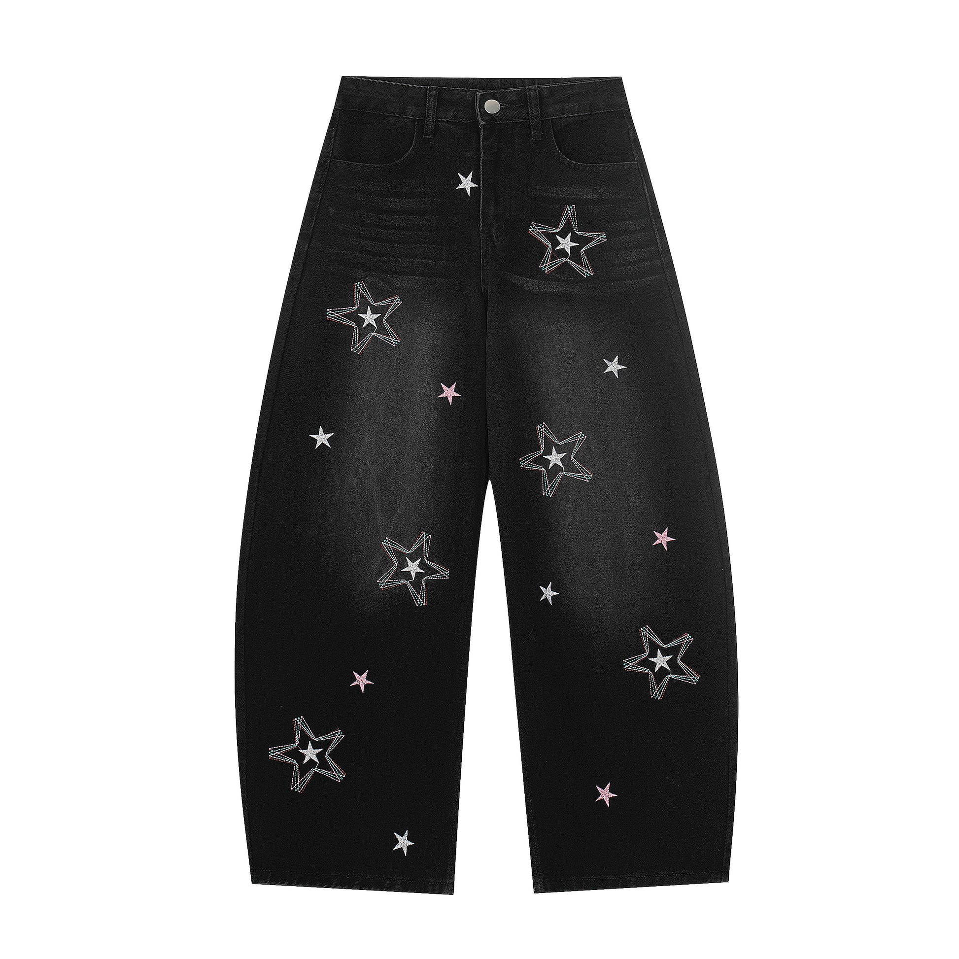 Star Embroidery Wide Leg Barrel Jeans - Black Back
