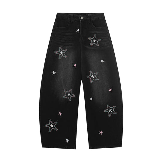 Star Embroidery Wide Leg Barrel Jeans - Black Back