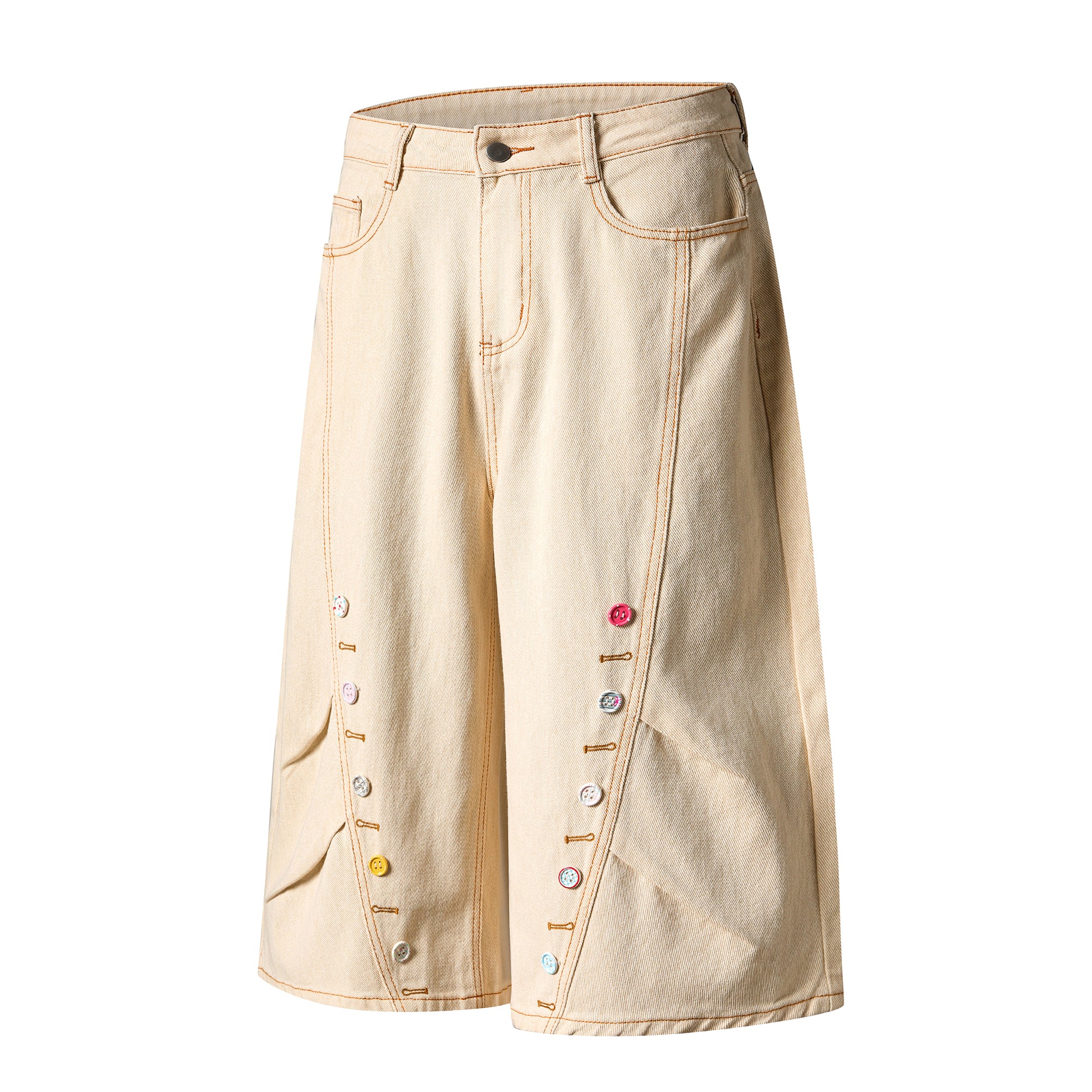 Button Row Wide Leg Denim Shorts - Pink Front