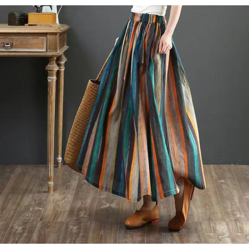 New style cotton and linen all-matching A-line skirt loose literary stripe printing medium-long pleated skirt for women