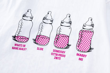 White Graphic T-Shirt with Baby Bottle Print, Crew Neck Short Sleeve Tee