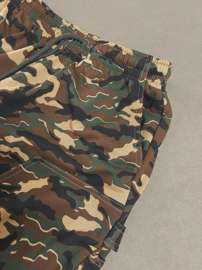 Tribal camo-printed denim shorts