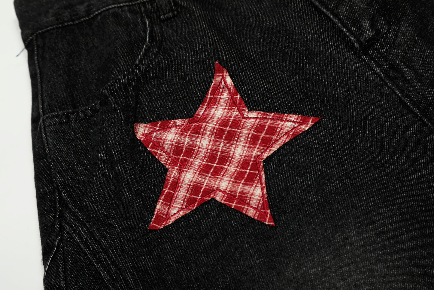 Women's Rvnteng Plaid Star Applique Patch Balloon Wide Leg Denim Jeans High Waist Vintage Wash Y2K Streetwear Baggy Jean Pants