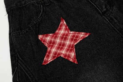 Women's Rvnteng Plaid Star Applique Patch Balloon Wide Leg Denim Jeans High Waist Vintage Wash Y2K Streetwear Baggy Jean Pants
