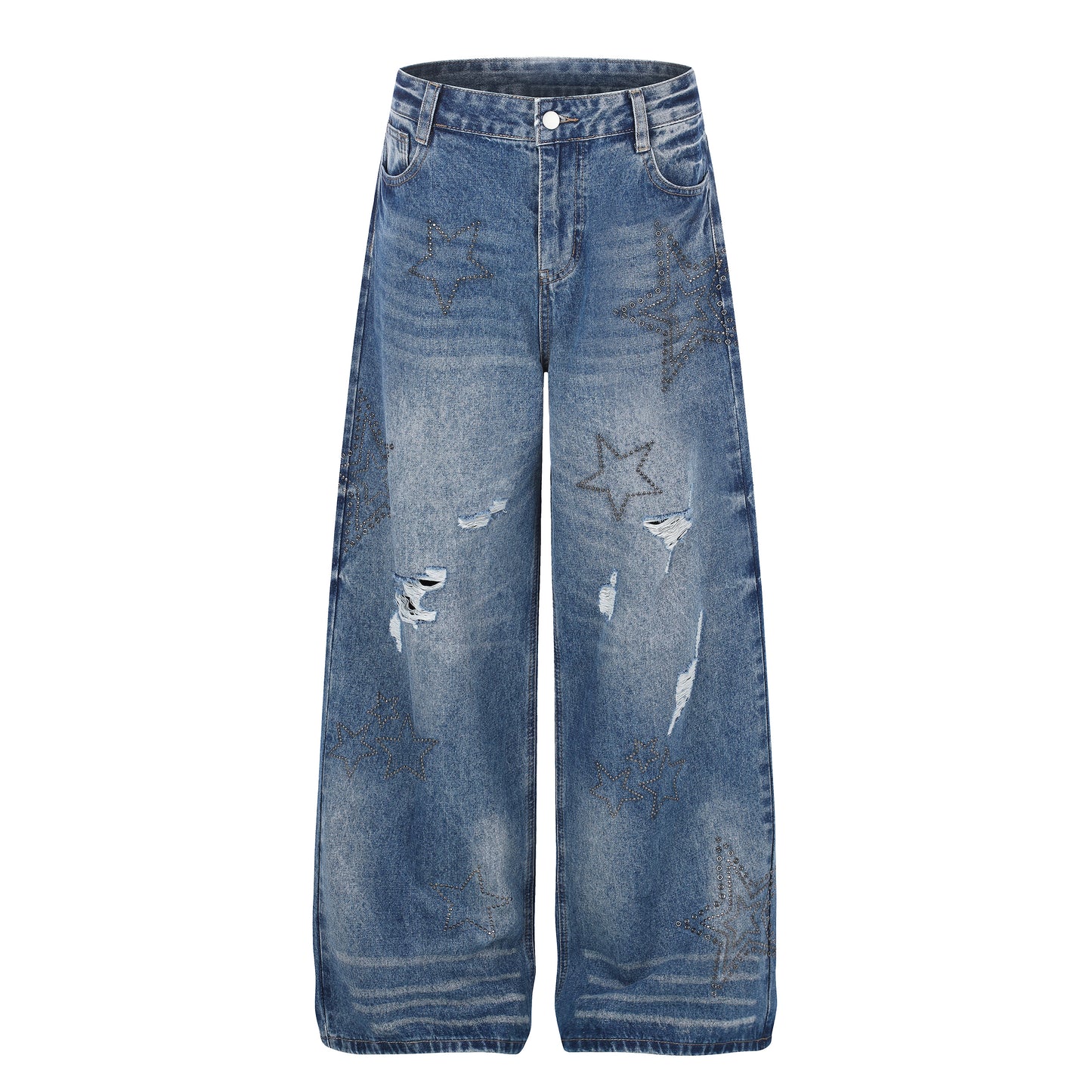 Women's Star Embroidery Rhinestone Distressed Wide Leg Jeans High Waist Ripped Casual Streetwear Denim Pants