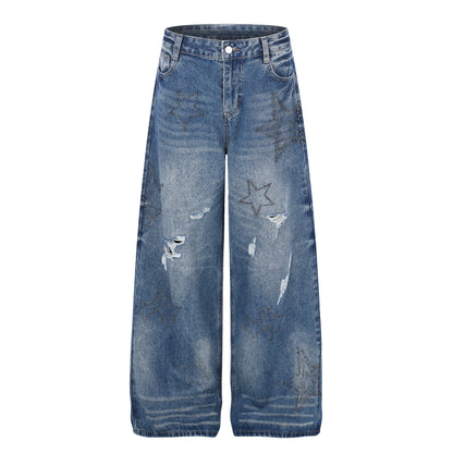Women's Star Embroidery Rhinestone Distressed Wide Leg Jeans High Waist Ripped Casual Streetwear Denim Pants
