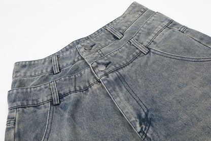 E Letter Cross Rhinestone Denim Shorts Wide Leg High Waist Washed Streetwear Summer Casual Shorts