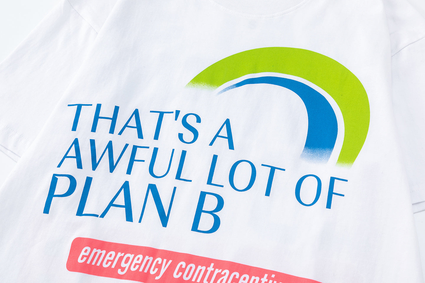 White unisex graphic T-shirt with colorful Plan B and cough syrup text print on the front and back - view 5