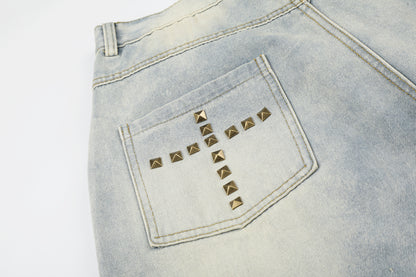 Women's Cross Rivet Camo Patch Wide Leg Denim Shorts High Waist Washed Streetwear RVNTENG Jean Shorts