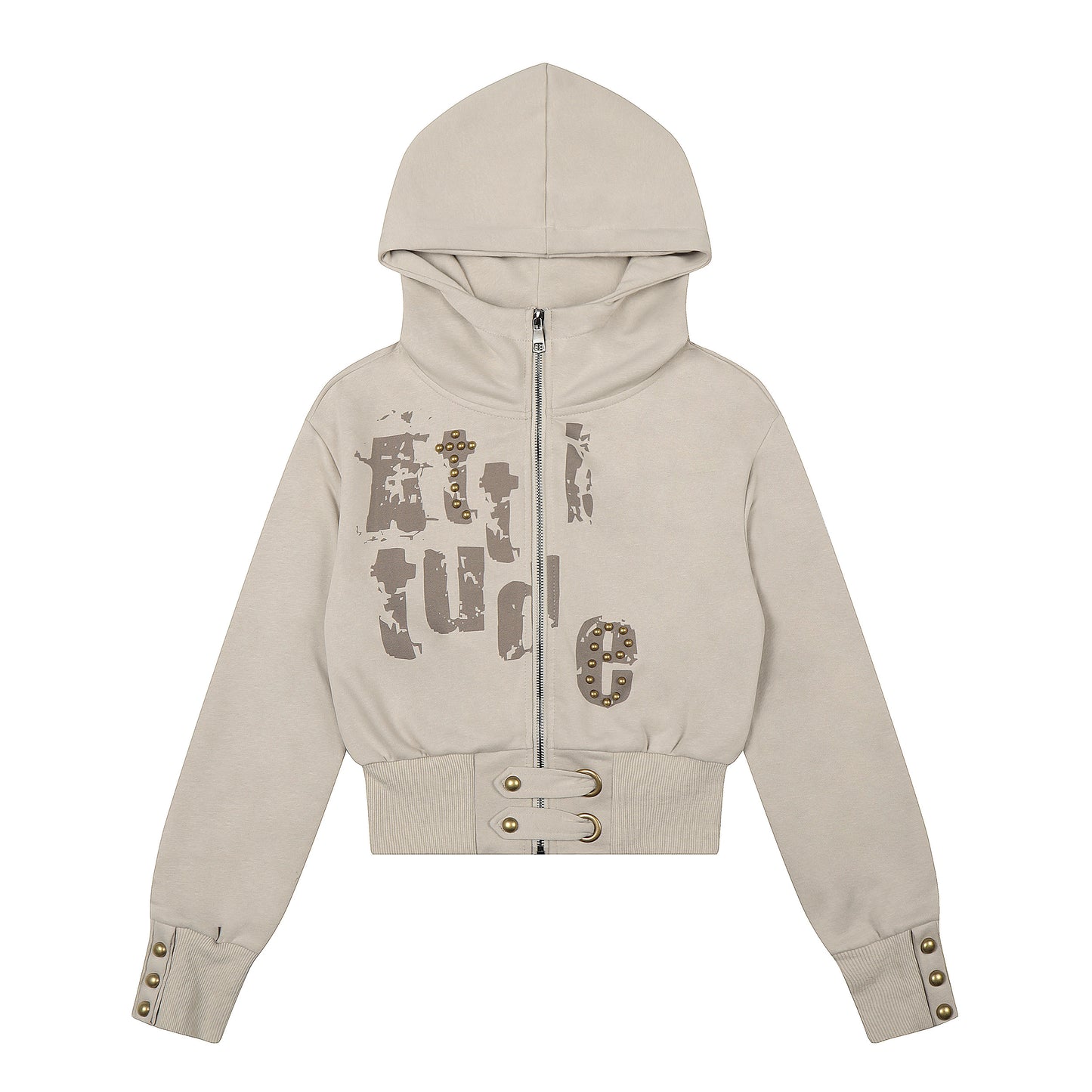 Attitude Rivet Crop Zip Hoodie - Beige Front