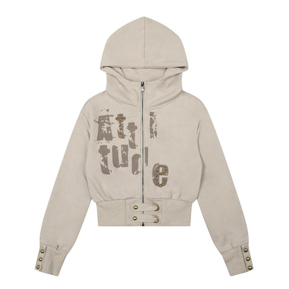 Attitude Rivet Letter Distressed Crop Zip Hoodie Studded Waist Buckle Y2K Streetwear Sweatshirt