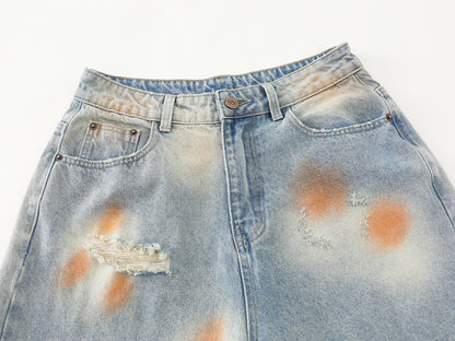 Tie-Dye Distressed Ripped Denim Shorts Wide Leg High Waist Washed Streetwear Summer Casual Jean Shorts | Rust Bloom