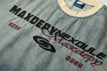 Maxdepy Graphic Letter Print Washed Oversized Tee Short Sleeve Streetwear Y2K Vintage Denim Look T-Shirt | Maxdepy Tee
