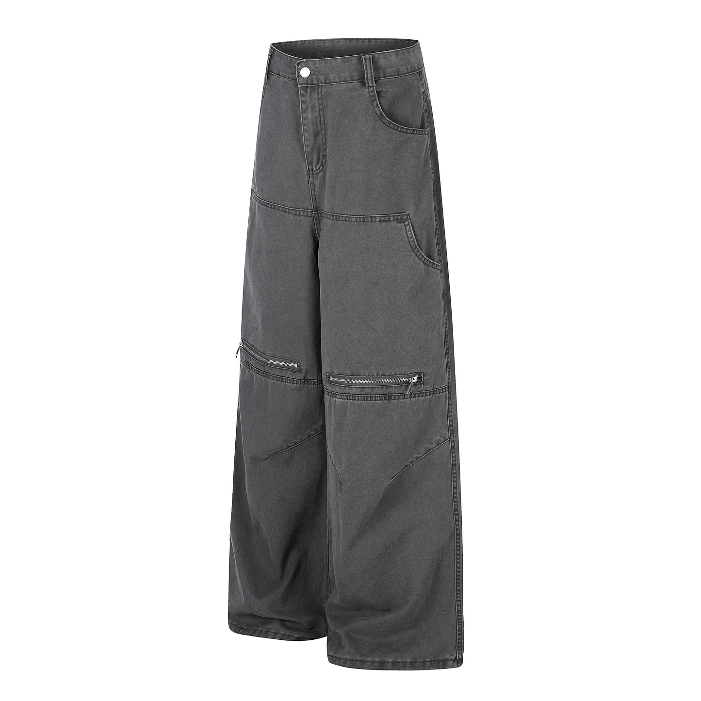Zip Block Washed Wide Leg Cargo Pants Beige Front