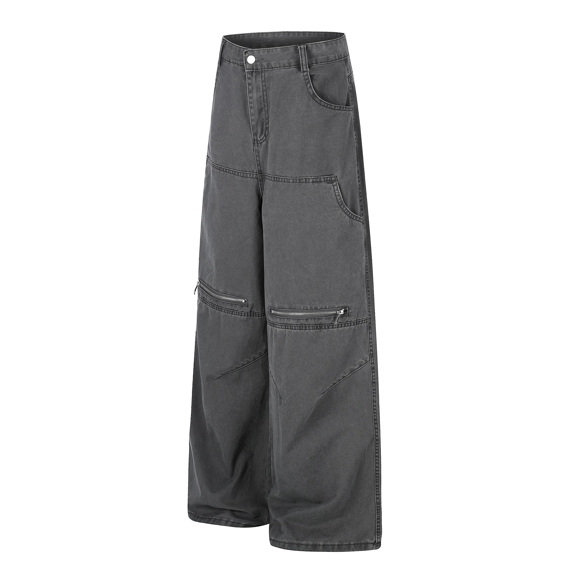 Zip Block Washed Wide Leg Cargo Pants Beige Front