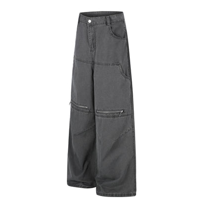 Zip Block Washed Wide Leg Cargo Pants High Waist Streetwear Y2K Vintage Knee Zip Patchwork Trousers | Zip Block