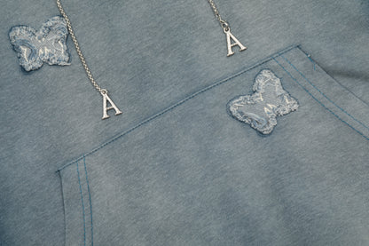 Butterfly Patch Embroidery Chain Drawstring Washed Hoodie Oversized Streetwear Y2K Grunge Casual Fall Winter Pullover Sweatshirt | Dusk Drift