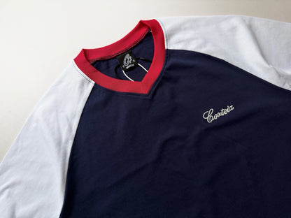 Corteiz Embroidered V-Neck Colorblock Raglan Short Sleeve Tee Oversized Streetwear Campus Style | Crtz Volt