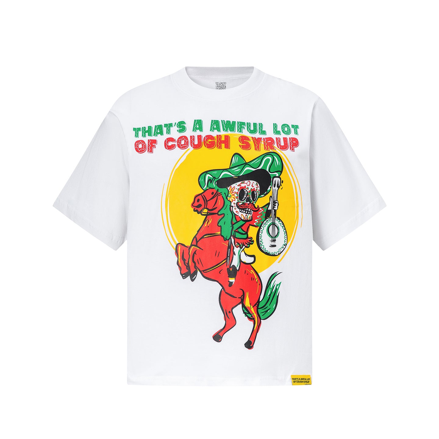 White graphic T-shirt with colorful skeleton cowboy on horse and Cough Syrup text - view 5
