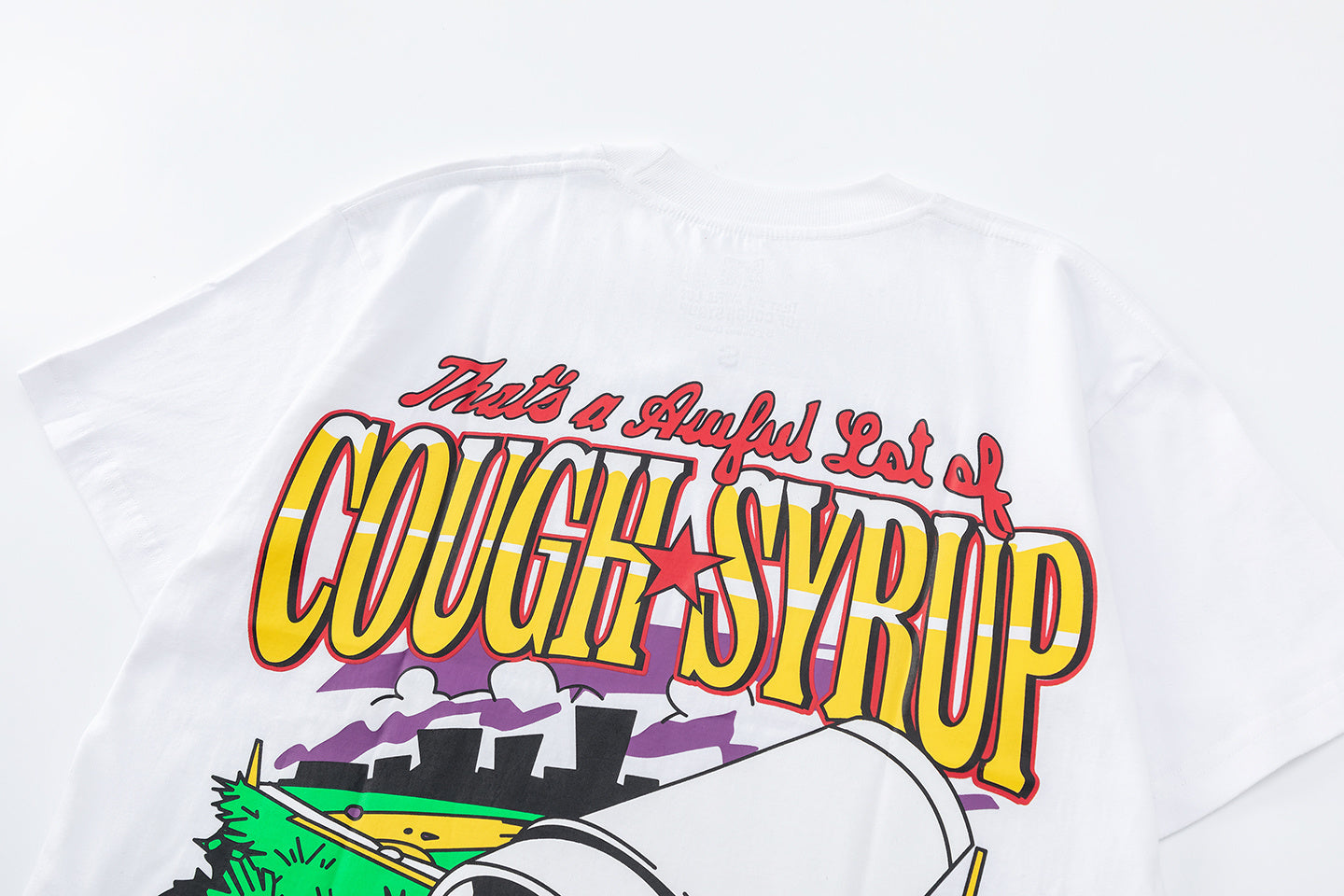 White oversized graphic T-shirt with colorful cough syrup and baseball player front print - view 5