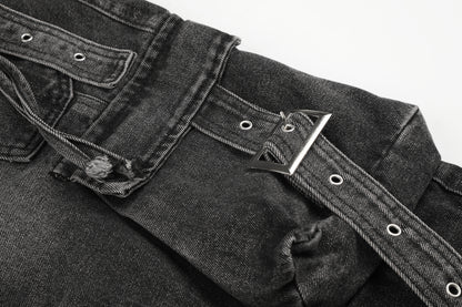 Women's Multi-Pocket Buckle Strap Distressed Denim Shorts High Waist Wide Leg Raw Hem Casual Streetwear Jean Shorts
