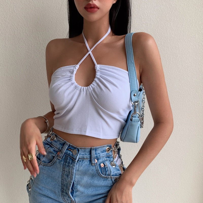 Summer New European and American small low-cut drawstring multi-wear halter vest women's figure-flattering belly-exposing short top