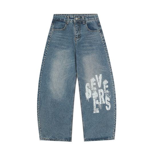 Severs Graffiti Rivet Side Seam Wide Leg Jeans - Light Blue Front