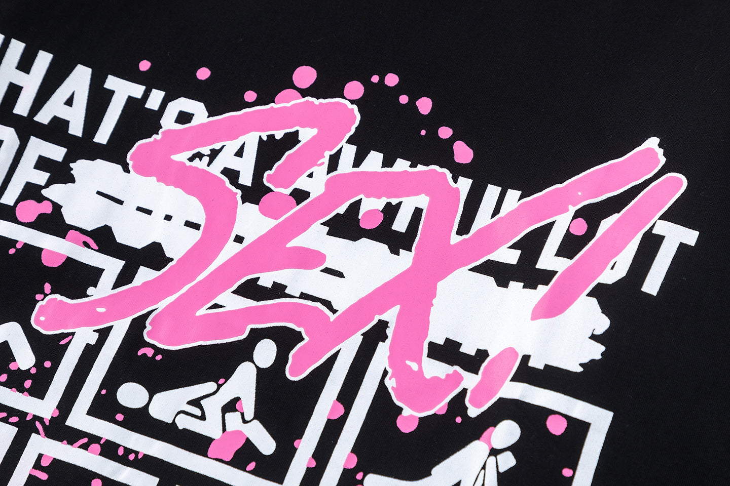 Black unisex graphic T-shirt with bold pink and white front and back prints - view 5