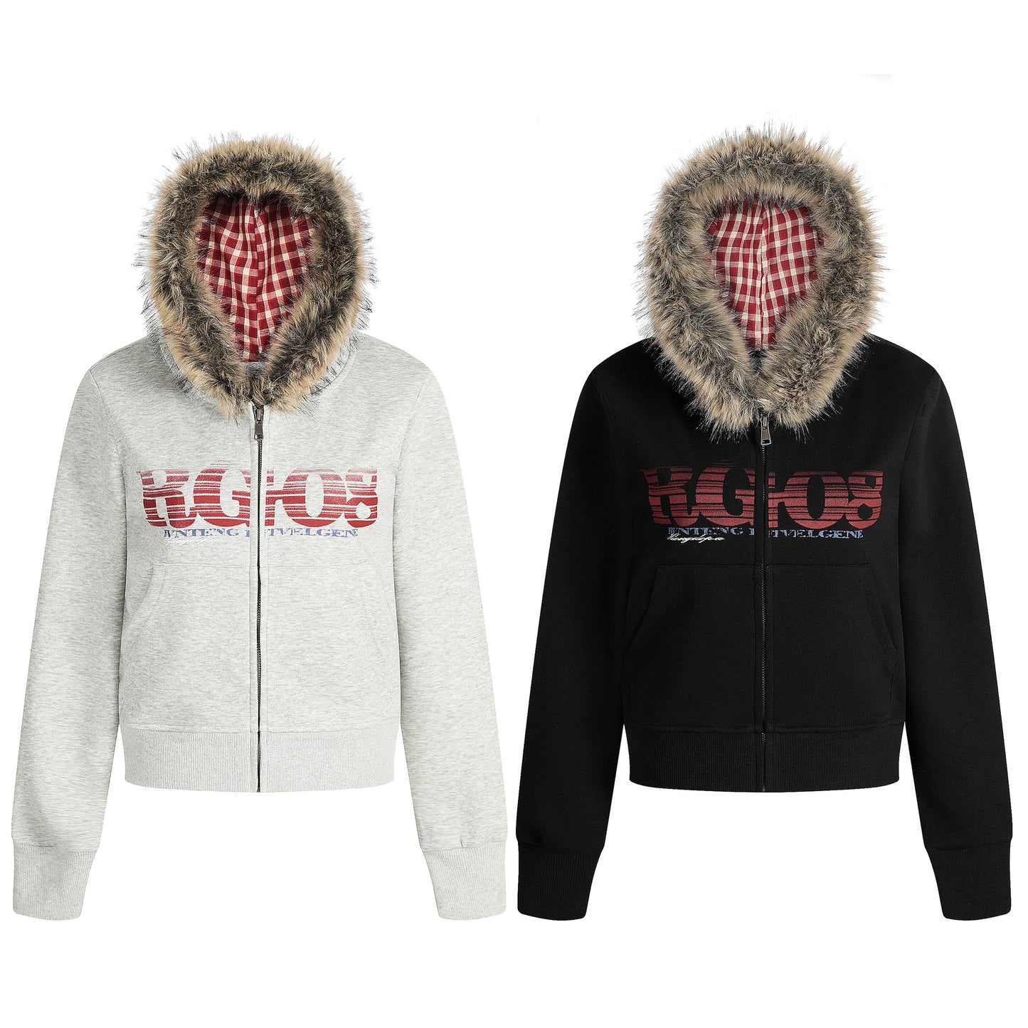Women's RGIOS Plaid Lined Faux Fur Hood Zip Cropped Hoodie - Grey & Black Side View