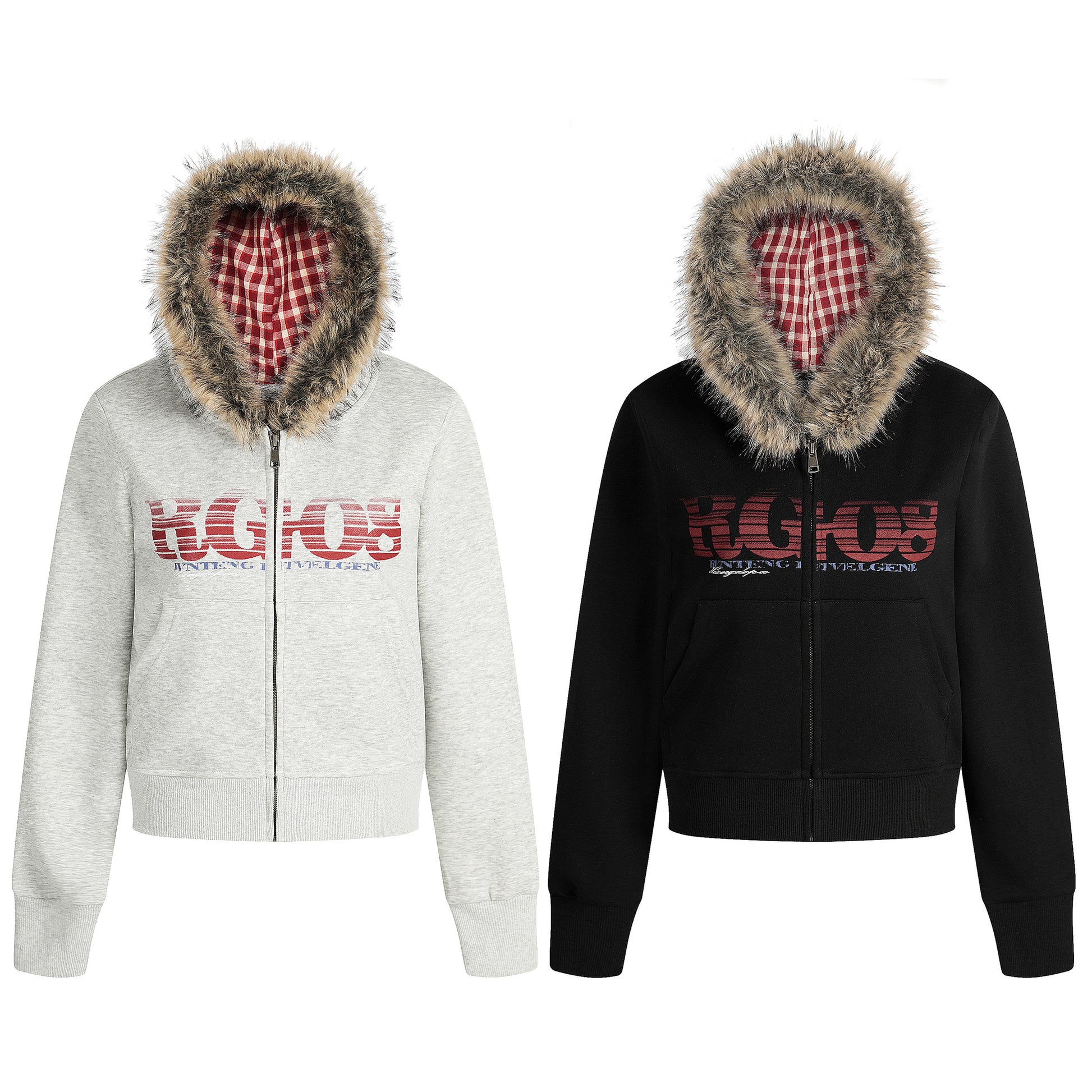 Women's RGIOS Plaid Lined Faux Fur Hood Zip Cropped Hoodie - Grey & Black Side View