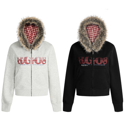 Women's RGIOS Plaid Lined Faux Fur Trim Hood Full Zip Cropped Hoodie Sweatshirt Long Sleeve Y2K Streetwear Jacket
