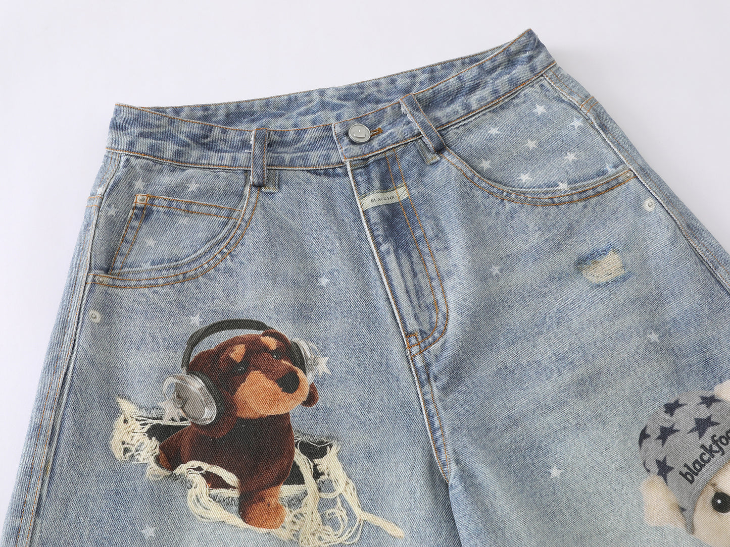 3D Plush Bear Peek Hole Denim Shorts Star Print Distressed High Waist Casual Streetwear Baggy Jean Shorts | Peek Bear