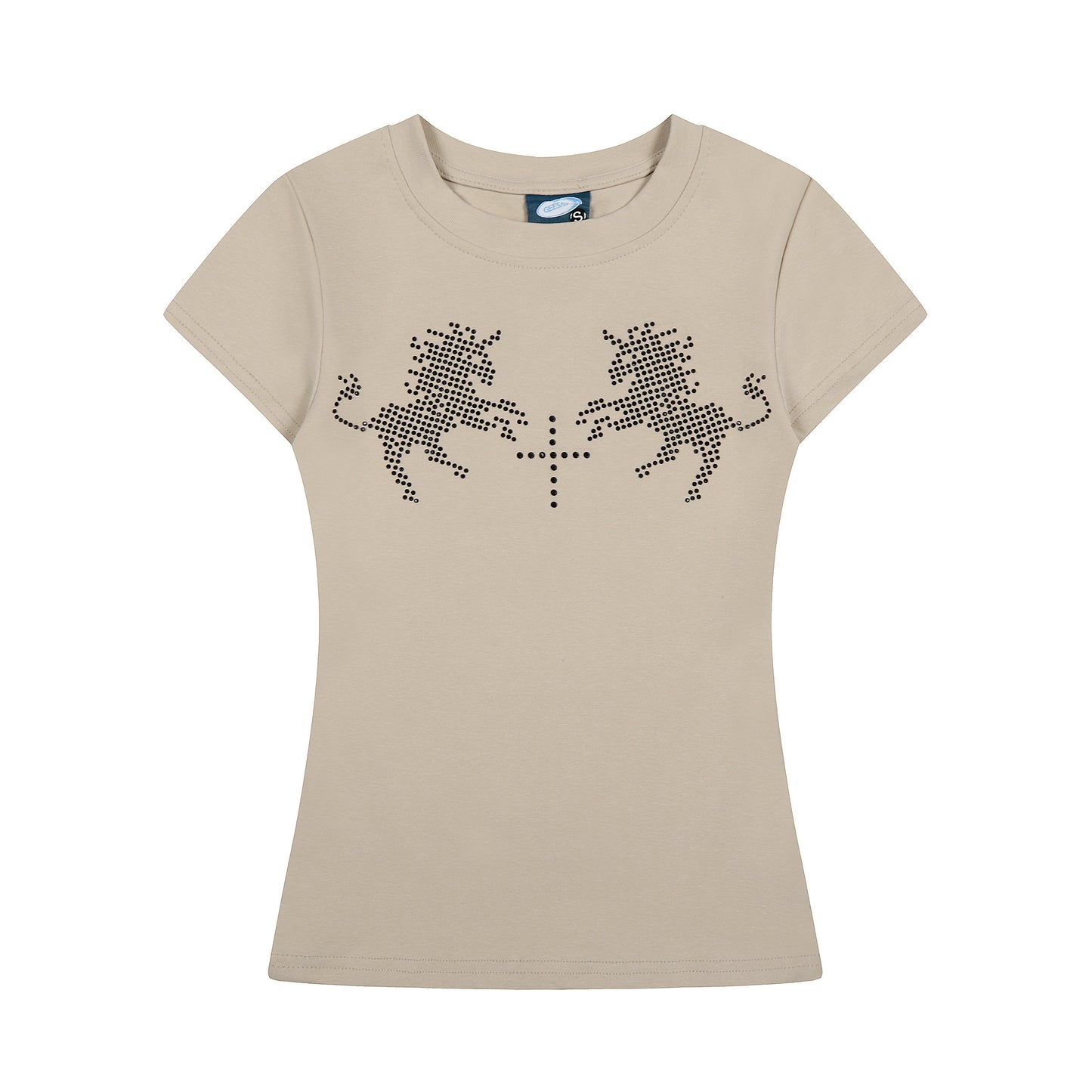 Lion Cross Rhinestone Fitted Tee Beige Front
