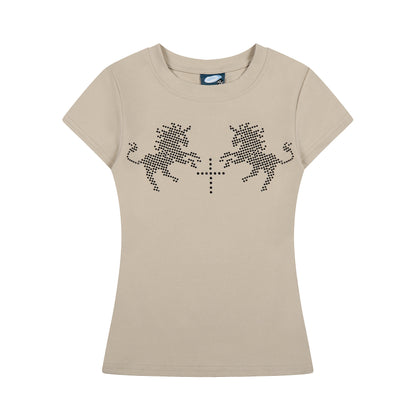 Twin Lion Cross Rhinestone Fitted Short Sleeve T-Shirt Slim Stretch Y2K Streetwear Coquette Casual Top | Lion Cross