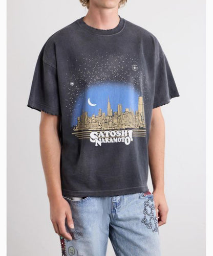 Satoshi Nakamoto NYC Skyline Moonrise Short Sleeve Tee Washed Navy 300g Heavy Stone Wash Cracked Print Streetwear | NYC Moonrise Tee