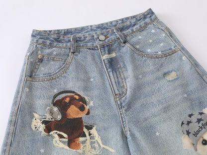 3D Plush Bear Peek Hole Denim Shorts Star Print Distressed High Waist Casual Streetwear Baggy Jean Shorts | Peek Bear