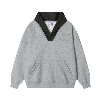 DuoMatch Pearl Rivet V-Neck Knit Hood Patchwork Silver Fox Fleece Oversized Hoodie Streetwear Sweatshirt