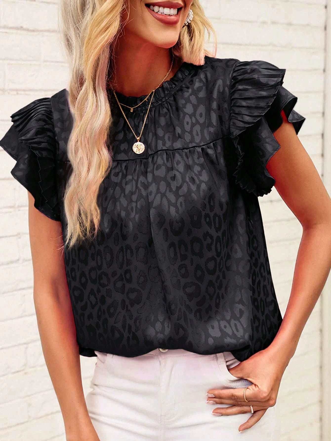 Women's summer new fashion all-matching printing lotus leaf sleeves wave collar women's blouse